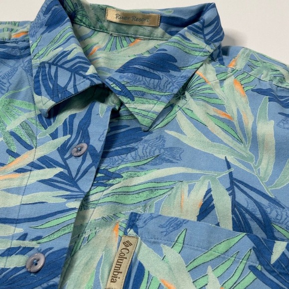 Columbia River Resort Blue Tropical Button Down Short Sleeve Shirt - Picture 1 of 8